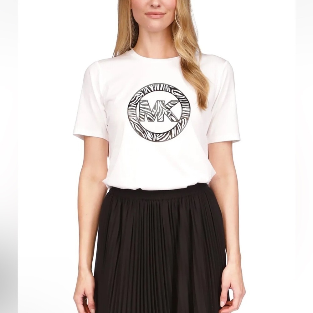 Michael Kors Women's White Logo Zebra  Graphic Short Sleeve Crew Neck T-Shirt XS